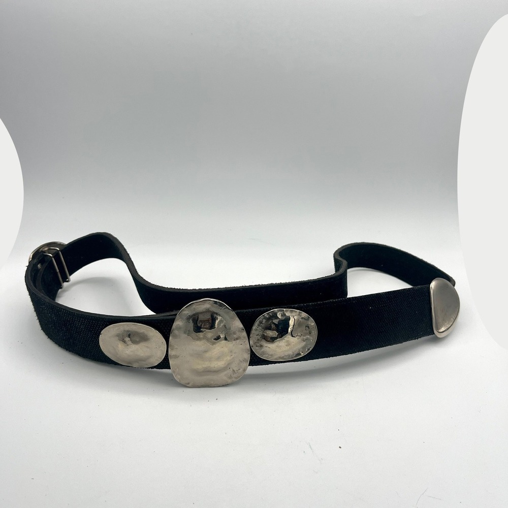 Chicos Black Textured Belt Silver Hammered Metal Concho Velcro  Closure M L
